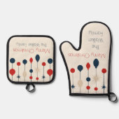 かわいいレトロメリークリスマスレッドブルーオーナメント 鍋つかみ&鍋敷きセット (正面)