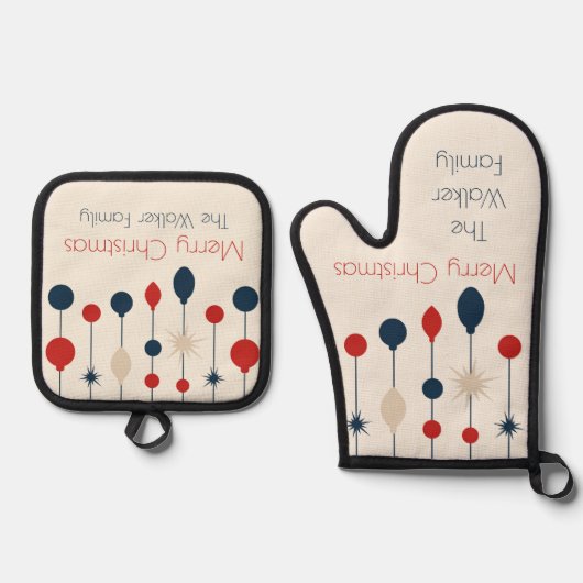 かわいいレトロメリークリスマスレッドブルーオーナメント 鍋つかみ&鍋敷きセット (正面)