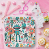 かわいいレトロロボットとピンク色の花 ペーパープレート (パーティー)