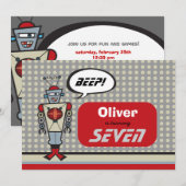 かわいいレトロロボット 子供の誕生日パーティー 招待状 (正面/裏面)