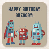 かわいいレトロロボットSFボーイズ誕生日 スクエアペーパーコースター (正面)