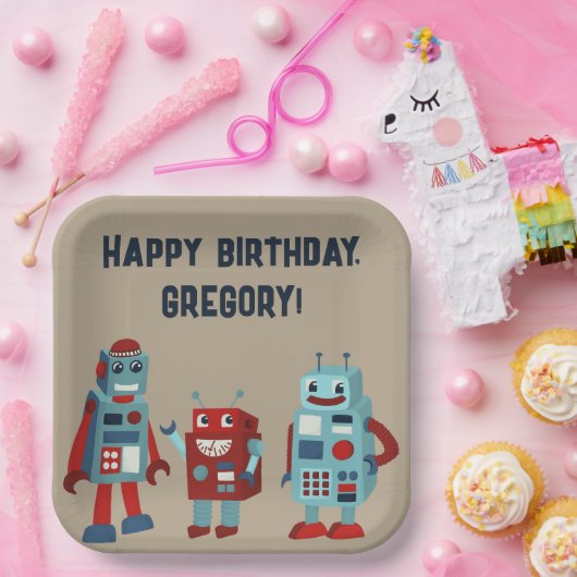 かわいいレトロロボットSFボーイズ誕生日 ペーパープレート (パーティー)