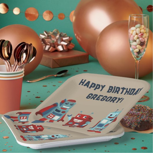 かわいいレトロロボットSFボーイズ誕生日 ペーパープレート (複数)