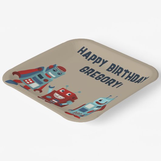 かわいいレトロロボットSFボーイズ誕生日 ペーパープレート (傾斜あり)