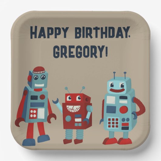 かわいいレトロロボットSFボーイズ誕生日 ペーパープレート (正面)