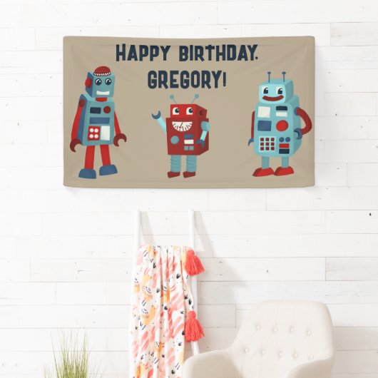 かわいいレトロロボットSFボーイズ誕生日 横断幕 (インサイチュ)