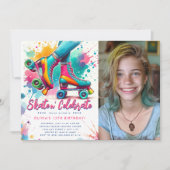 かわいいレトロローラースケートで滑るフォト誕生日 招待状 (正面)