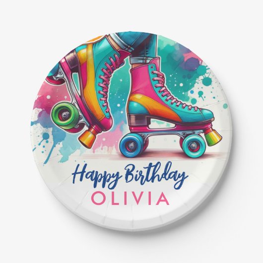 かわいいレトロローラースケート誕生日 ペーパープレート (正面)