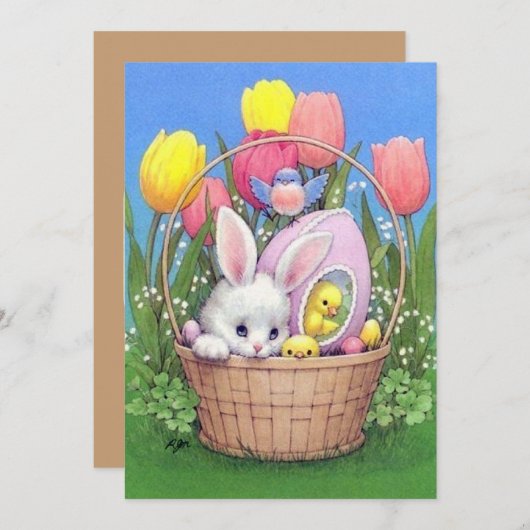 かわいいレトロヴィンテージイースターバニー追加メッセージ シーズンカード (正面/裏面)