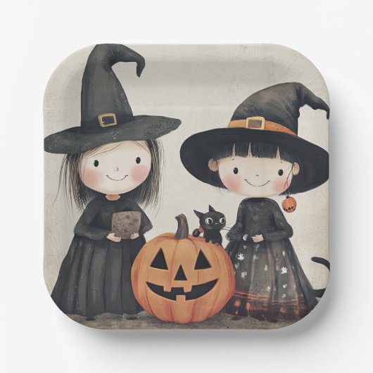 かわいいレトロヴィンテージハロウィンキッズトリックまたはトリート ペーパープレート (正面)