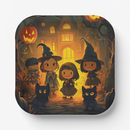 かわいいレトロヴィンテージハロウィンキッズ幽霊カボチャ ペーパープレート (正面)
