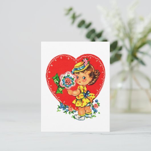 かわいいレトロヴィンテージバレンタインガール シーズンポストカード (スタンド正面)