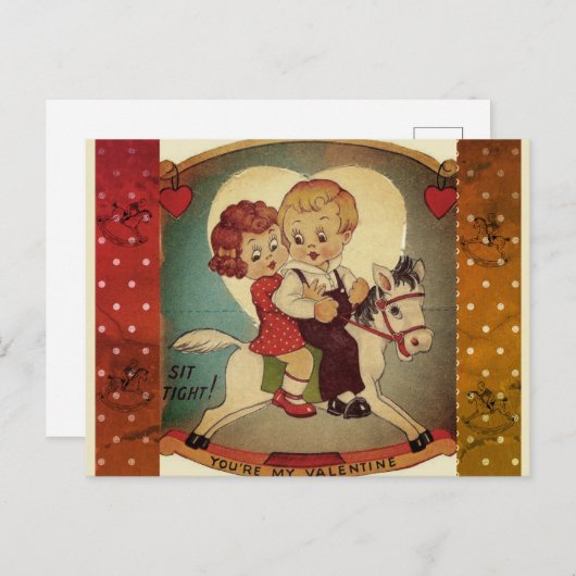 かわいいレトロヴィンテージバレンタインチャイルドホース シーズンポストカード (正面/裏面)