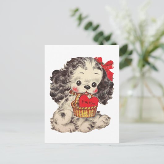 かわいいレトロヴィンテージバレンタインデーの子犬 シーズンポストカード (スタンド正面)