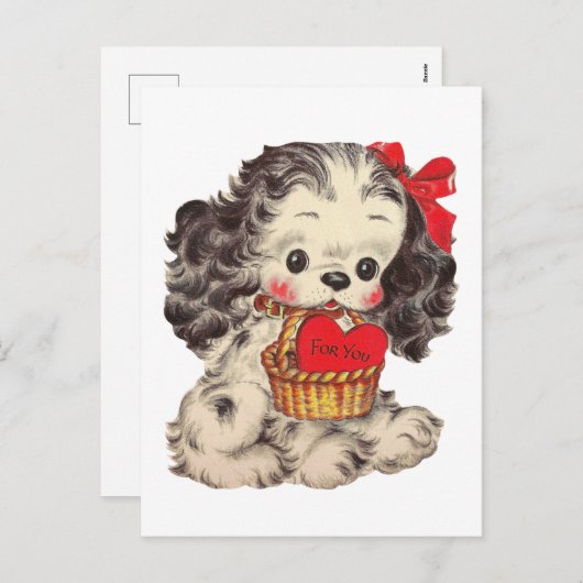 かわいいレトロヴィンテージバレンタインデーの子犬 シーズンポストカード (正面/裏面)