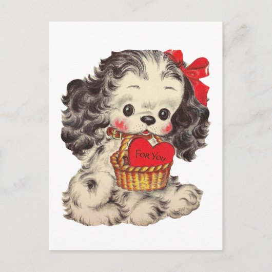 かわいいレトロヴィンテージバレンタインデーの子犬 シーズンポストカード (正面)