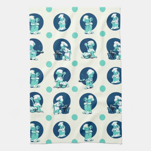 かわいいレトロヴィンテージブルーボーイシェフ調理師 キッチンタオル (縦)