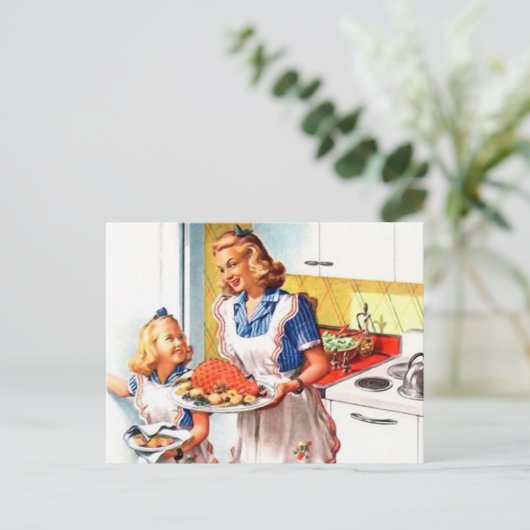 かわいいレトロヴィンテージママ娘キッチン ポストカード (スタンド正面)