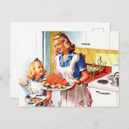 かわいいレトロヴィンテージママ娘キッチン ポストカード (正面/裏面)