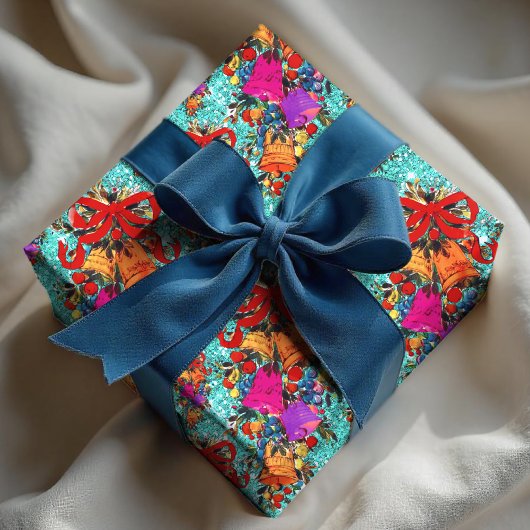 かわいいレトロヴィンテージレッドボウホリデーズアクア ラッピングペーパー