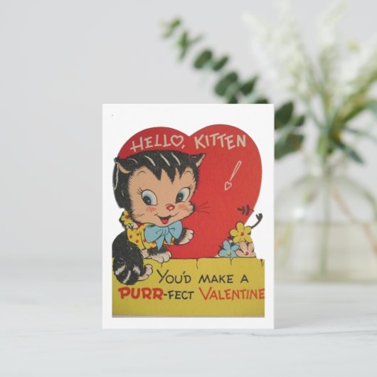 かわいいレトロヴィンテージ猫バレンタイン シーズンポストカード (スタンド正面)