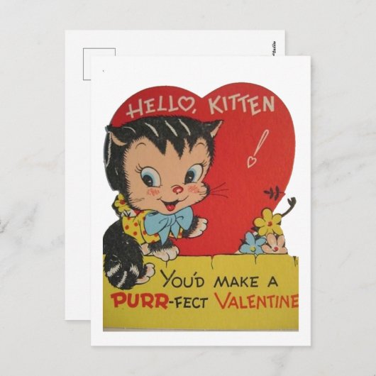 かわいいレトロヴィンテージ猫バレンタイン シーズンポストカード (正面/裏面)