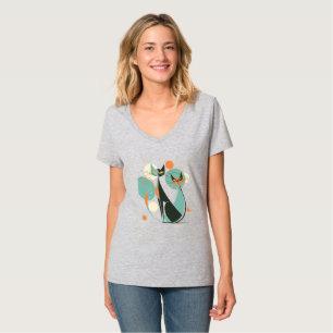 かわいいレトロヴィンテージMCMキャッツブラックオレンジターコイズ Tシャツ