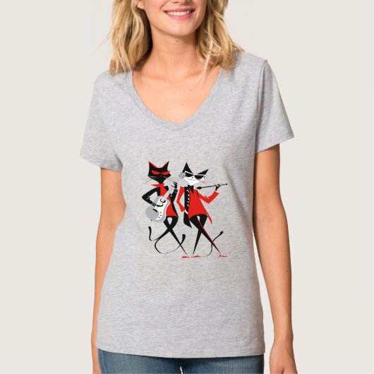 かわいいレトロヴィンテージMCMレッドブラックビートニク猫たち Tシャツ (正面)