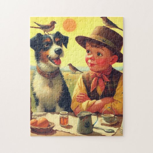 かわいいレトロ犬と絵画子供たち ジグソーパズル (縦)