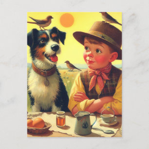 かわいいレトロ犬と絵画子供たち ポストカード