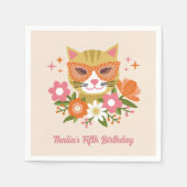 かわいいレトロ猫と花模様ガールズ誕生日 スタンダードカクテルナプキン (正面)