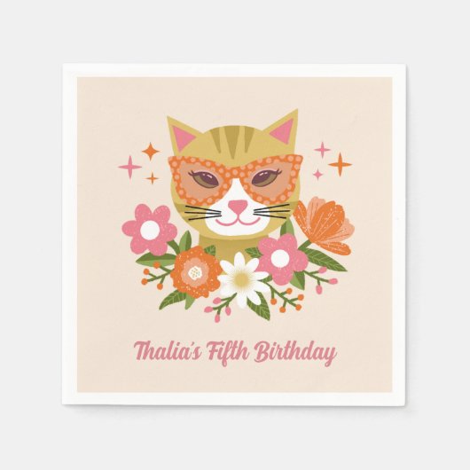 かわいいレトロ猫と花模様ガールズ誕生日 スタンダードカクテルナプキン (正面)