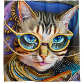 かわいいレトロ猫メガネ シャワーカーテン (正面)