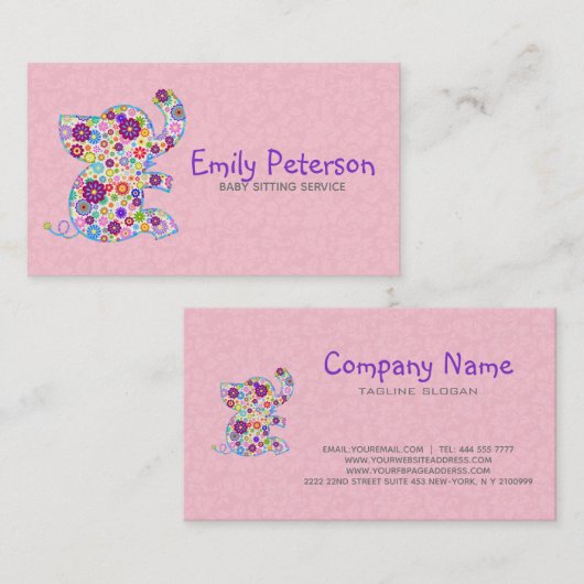 かわいいレトロ花漫画スタイルゾウ 名刺 (正面/裏面)