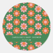かわいいレトロ花緑ピンク色の赤カスタムちゃんシャワー ラウンドシール (正面)