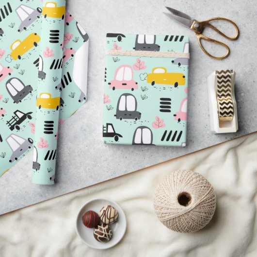 かわいいレトロ車つやのあるラッピング紙, 30" x 6' ラッピングペーパー (クラフト)