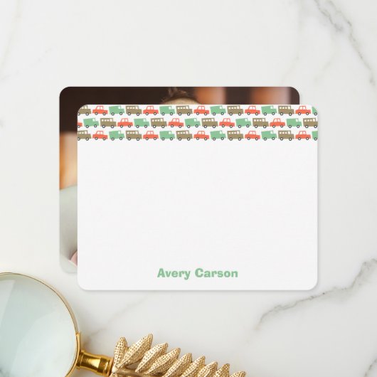 かわいいレトロ輸送少年おもちゃ子供の誕生日写真 サンキューカード (正面/裏面インサイチュ)