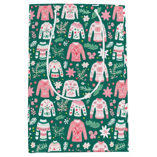 かわいいレトロ醜いセーターピンクと緑のおもしろい ミディアムペーパーバッグ (正面)