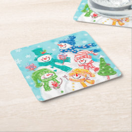 かわいいレトロ雪だるまクリスマス スクエアペーパーコースター