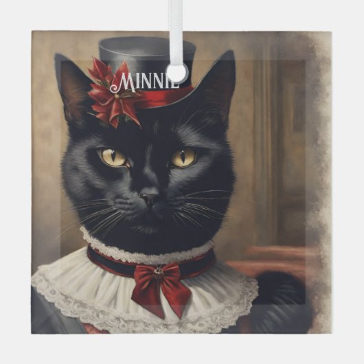 かわいいレトロ黒猫クリスマス ガラスオーナメント (正面)