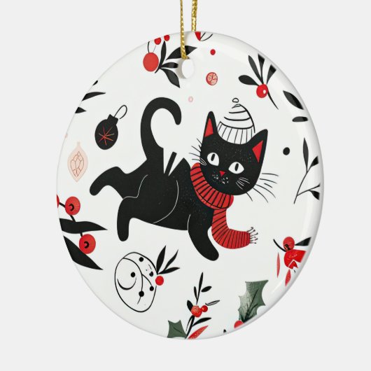 かわいいレトロ黒猫クリスマス セラミックオーナメント (左)