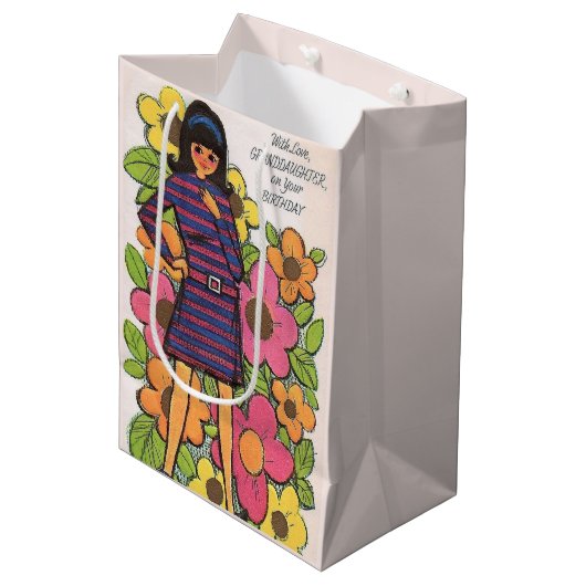 かわいいレトロ10代のガールハッピーバースデーグランドドーター ミディアムペーパーバッグ (正面アングル)