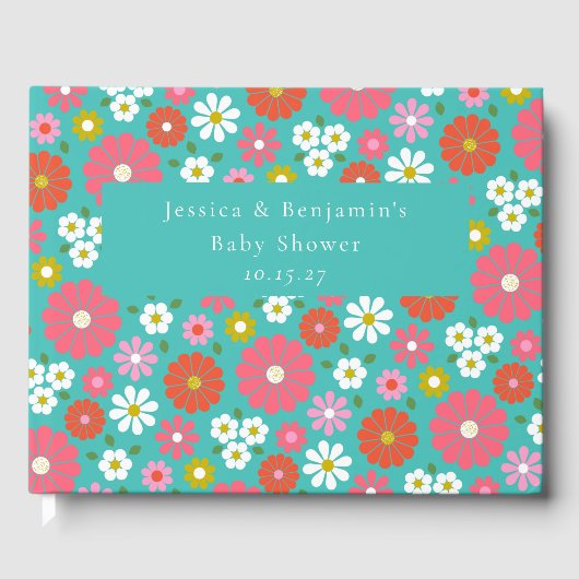 かわいいレトロ60s花ターコイズカスタム赤ちゃんシャワー ゲストブック (正面)