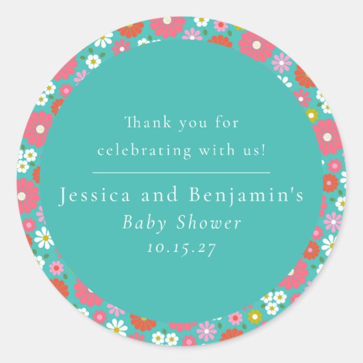 かわいいレトロ60s花ターコイズカスタム赤ちゃんシャワー ラウンドシール (正面)