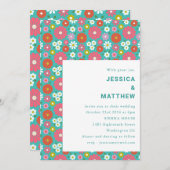 かわいいレトロ60s花ターコイズブルー結婚ズ 招待状 (正面/裏面)