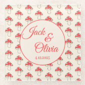 かわいいレトロ キノコ カスタム カップル名 ガラスコースター (正面)