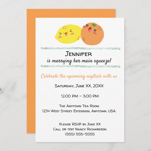 かわいいレモンとオレンジのフルーツ ブライダルシャワー 招待状 (正面/裏面)