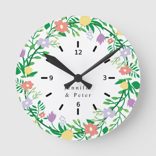 かわいいレモンとフラワーのフローラデコパージ ラウンド壁時計 (正面)