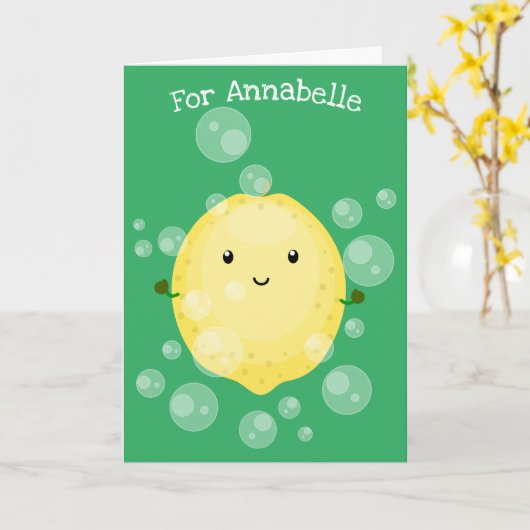 かわいいレモンのフルーツ漫画のバブルイラストレーション カード (黄色い花)