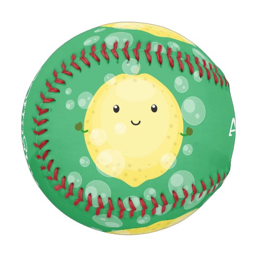 かわいいレモンの果物のキャラクター風の泡のイラスト 野球ボール (正面左)